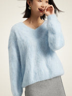 Lanly Cashmere V-Neck Sweater - Blue Mongolia Fuzzy Knit Pullover