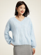 Lanly Cashmere V-Neck Sweater - Blue Mongolia Fuzzy Knit Pullover