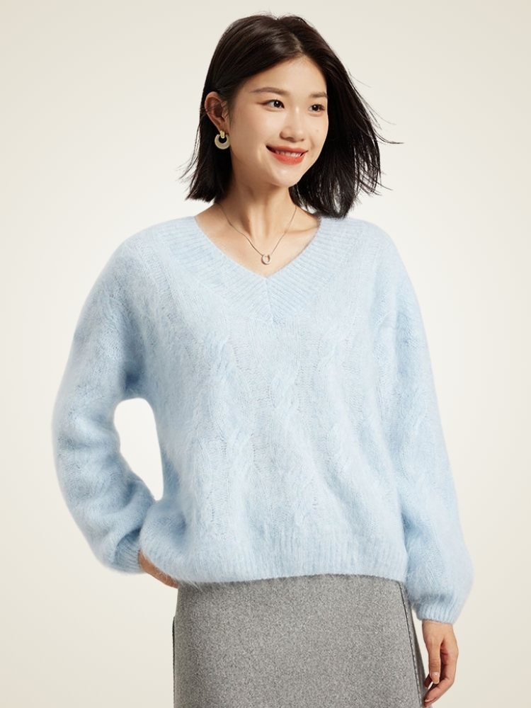 Lanly Cashmere V-Neck Sweater - Blue Mongolia Fuzzy Knit Pullover