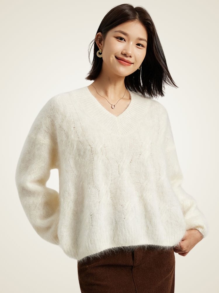 Lanly Cashmere V-Neck Sweater - White Mongolia Fuzzy Knit Pullover