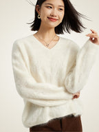 Lanly Cashmere V-Neck Sweater - White Mongolia Fuzzy Knit Pullover