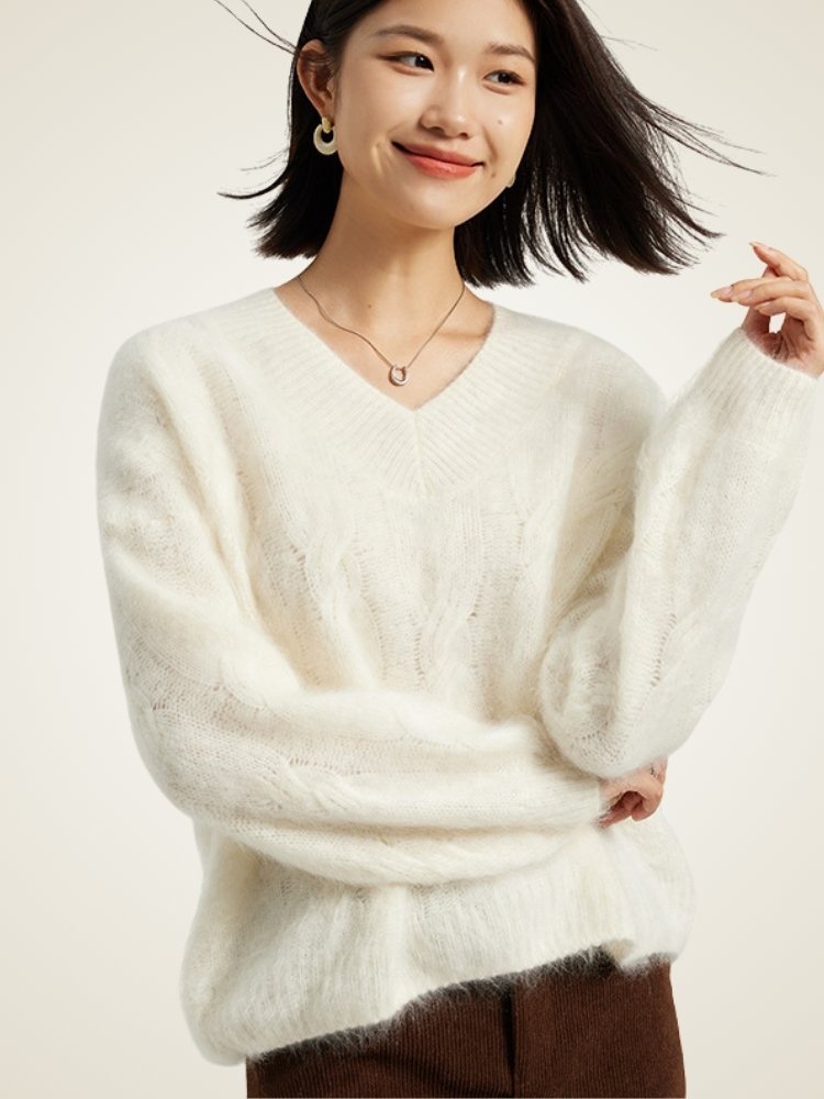 Lanly Cashmere V-Neck Sweater - White Mongolia Fuzzy Knit Pullover