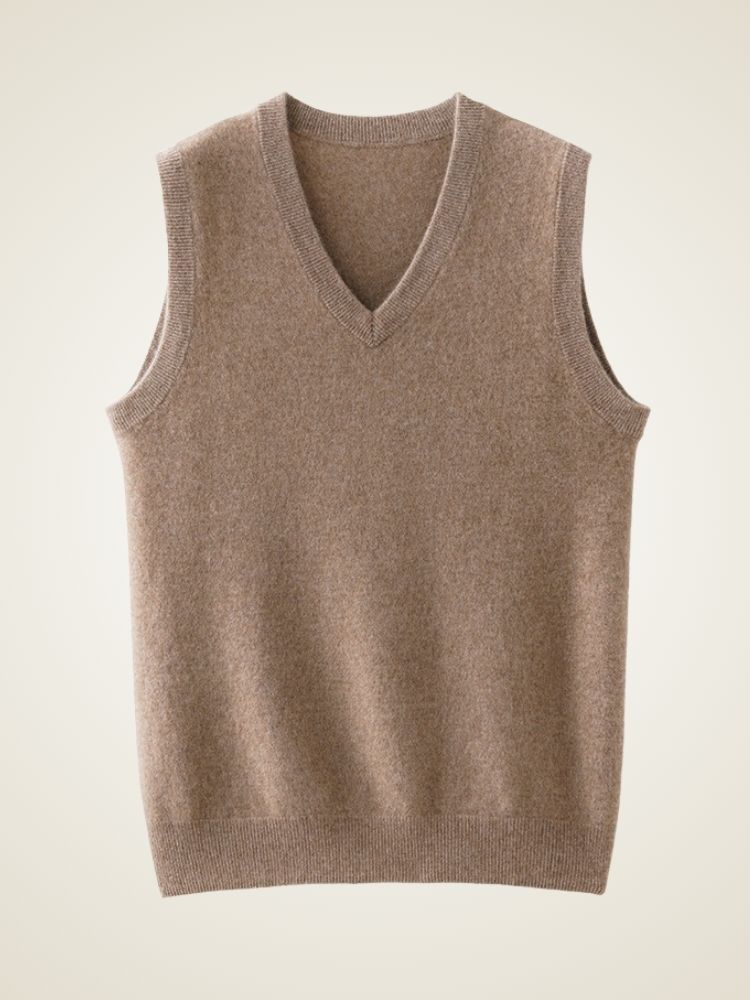 Lanly Cashmere V-Neck Sweater Vest - Camel Mongolia Cashmere Knit Slipover