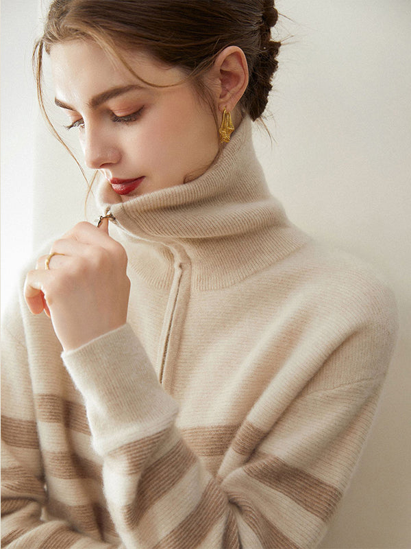 Lanly Cashmere Women’s Striped Cashmere Half Zip Sweater