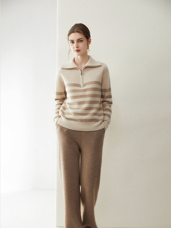 Lanly Cashmere Women’s Striped Cashmere Half Zip Sweater