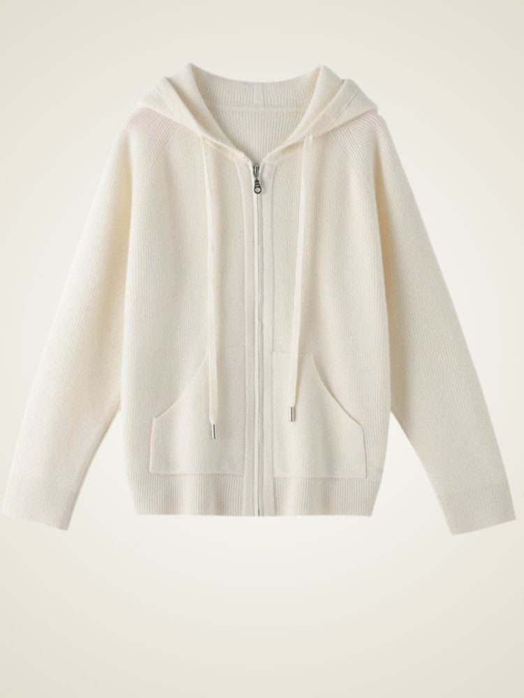 Lanly Cashmere Zip-Up Hoodie - Mongolia Plain Knit Cardigan