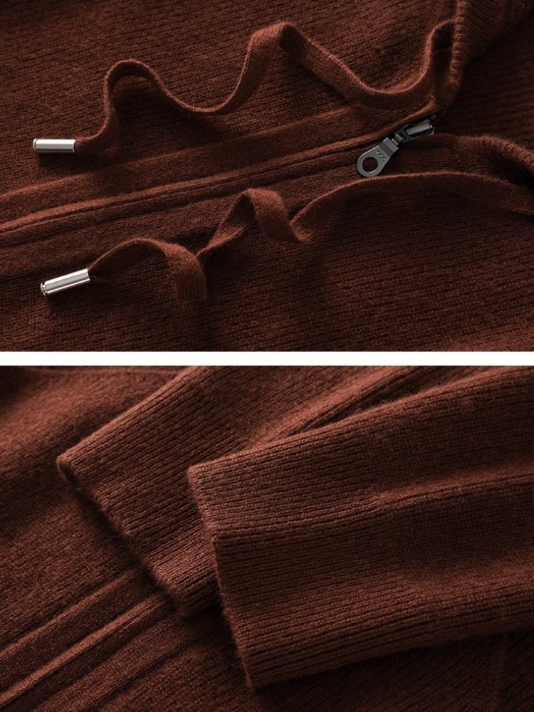 Lanly Cashmere Zip-Up Hoodie - Mongolia Plain Knit Cardigan