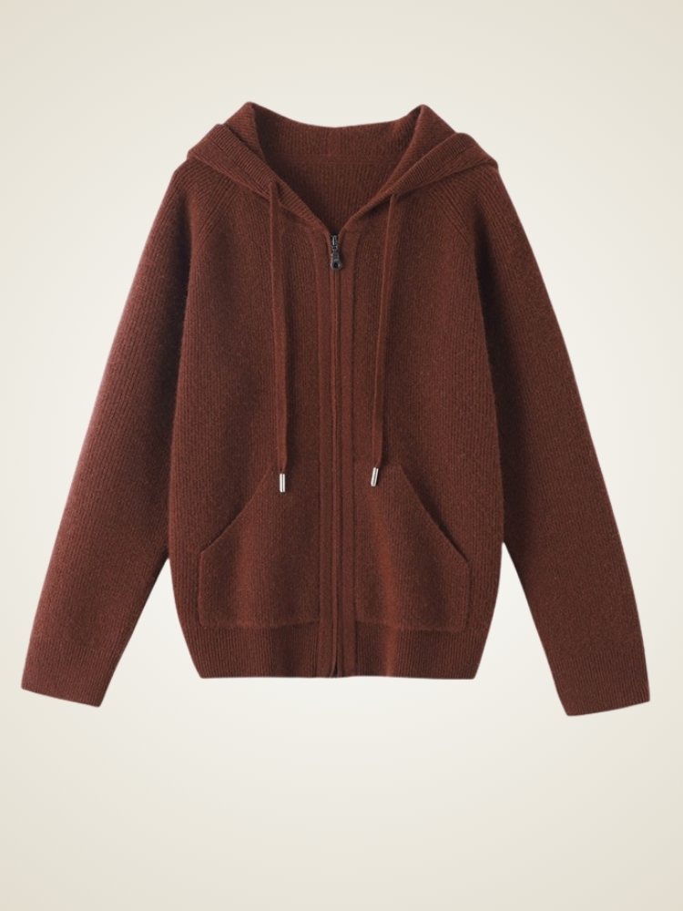 Lanly Cashmere Zip-Up Hoodie - Mongolia Plain Knit Cardigan