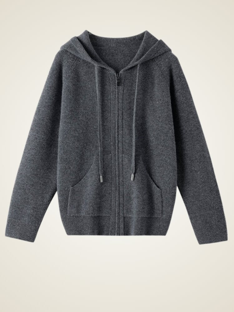 Lanly Cashmere Zip-Up Hoodie - Mongolia Plain Knit Cardigan
