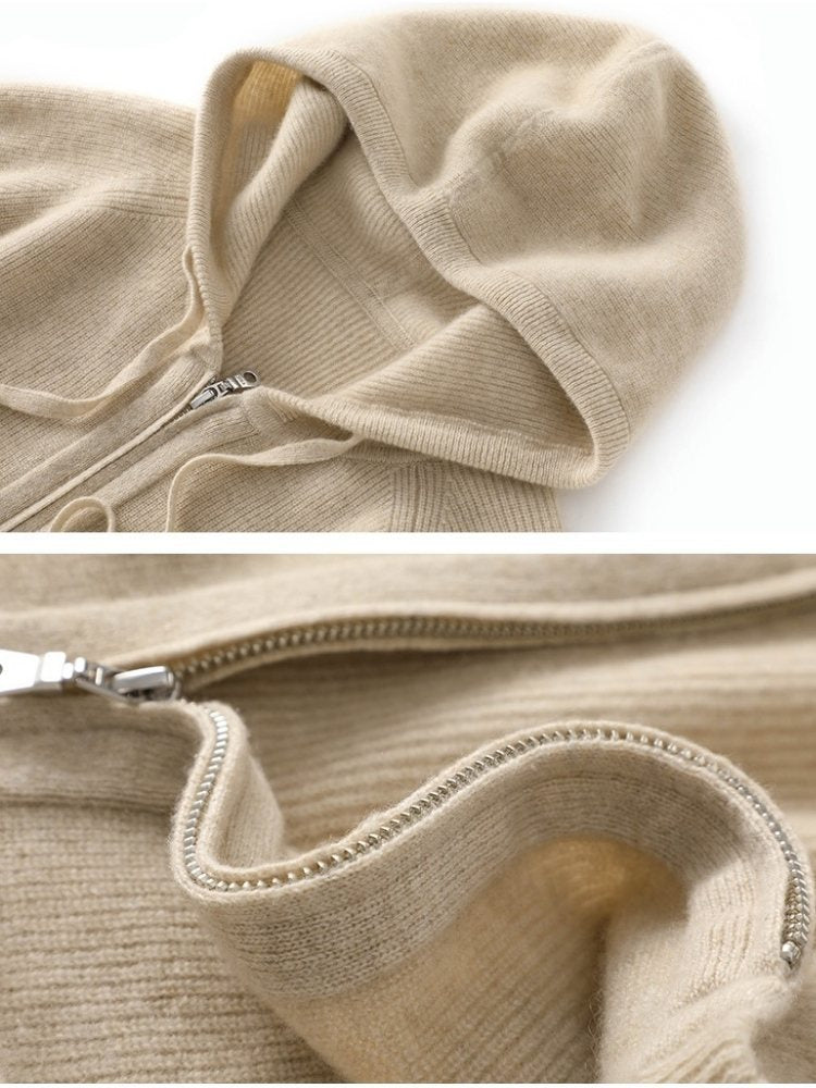 Lanly Cashmere Zip-Up Hoodie - Mongolia Plain Knit Cardigan