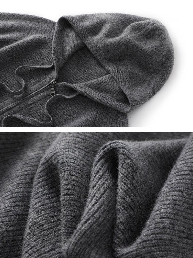 Lanly Cashmere Zip-Up Hoodie - Mongolia Plain Knit Cardigan