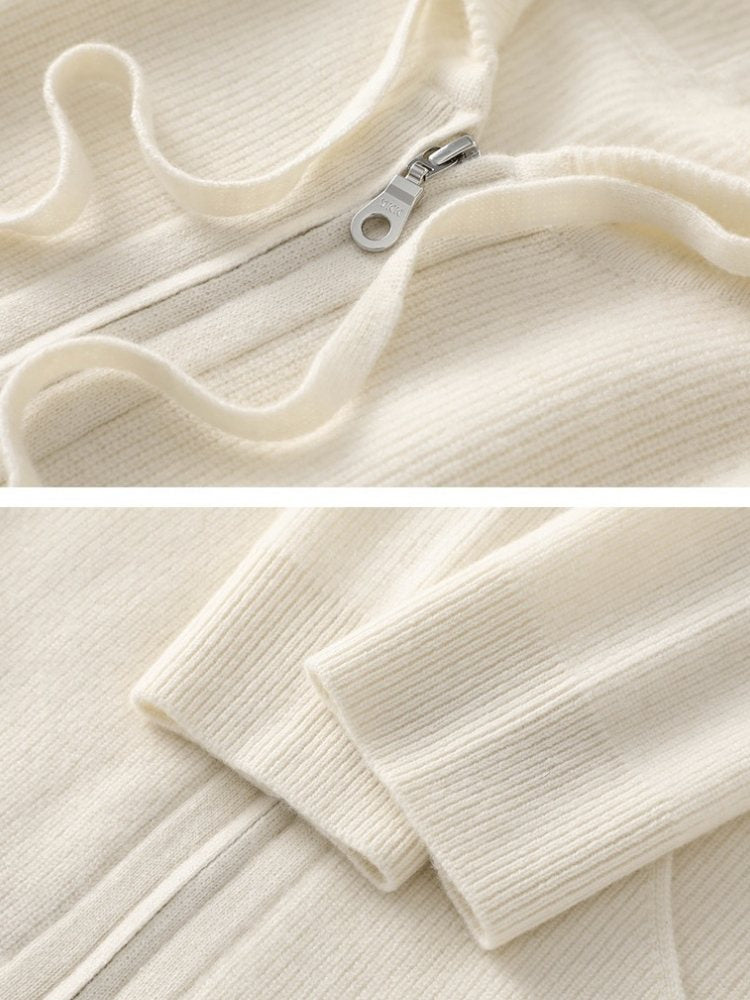 Lanly Cashmere Zip-Up Hoodie - Mongolia Plain Knit Cardigan