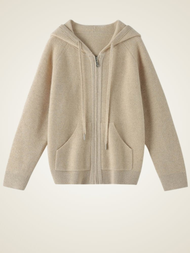 Lanly Cashmere Zip-Up Hoodie - Mongolia Plain Knit Cardigan