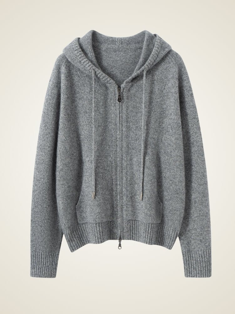 Lanly Cashmere Zip-Up Hoodie Jacket - Grey Mongolia Cashmere Cardigan