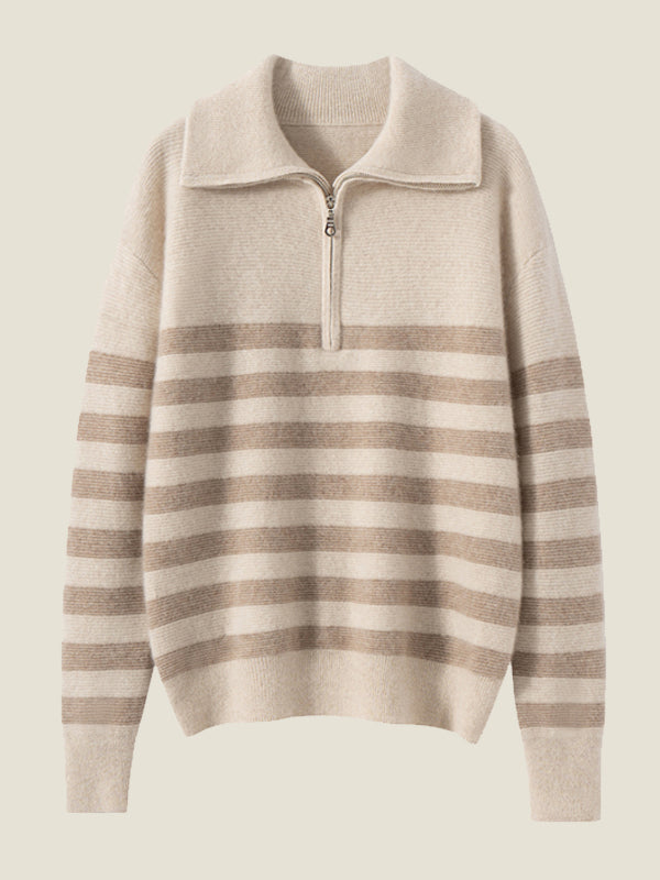 Lanly Cashmere women striped cashmere half zip sweater