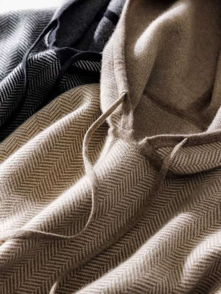 Lanlycashmere Cashmere Hoodie – Herringbone Knit Hooded Sweater