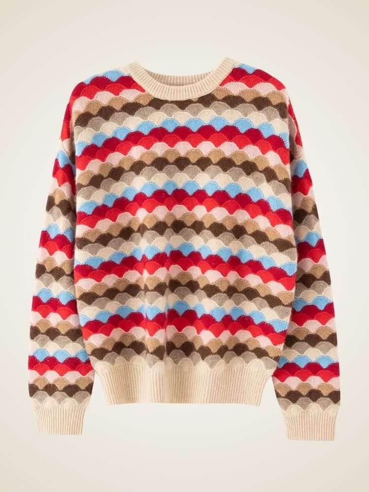 Lanlycashmere Colorblock Cashmere Sweater – Scallop Knit Crewneck