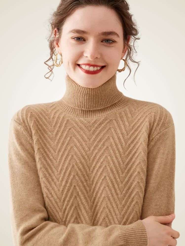 Lanlycashmere Herringbone Cashmere Turtleneck Sweater – Slim Fit Knit Top