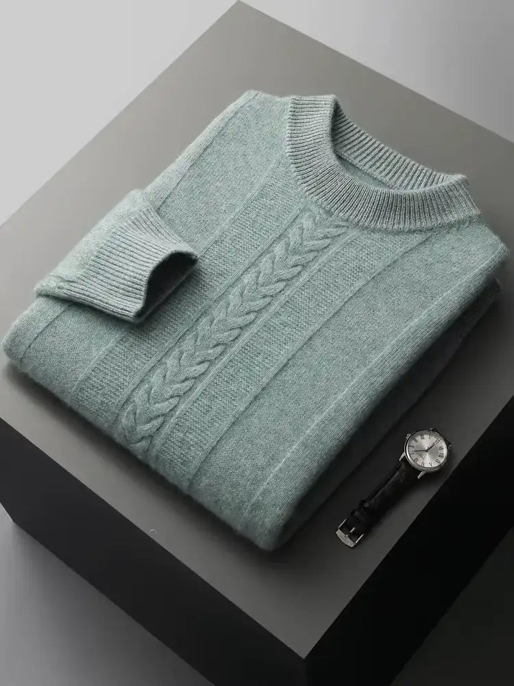 Lanlycashmere Men’s Cable Knit Crew Neck Cashmere Sweater