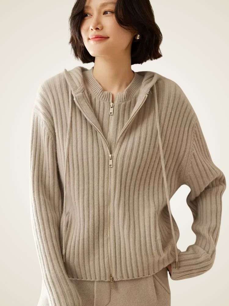 Lanlycashmere Ribbed Zip-Up Cashmere Hoodie – Luxury Hooded Cardigan