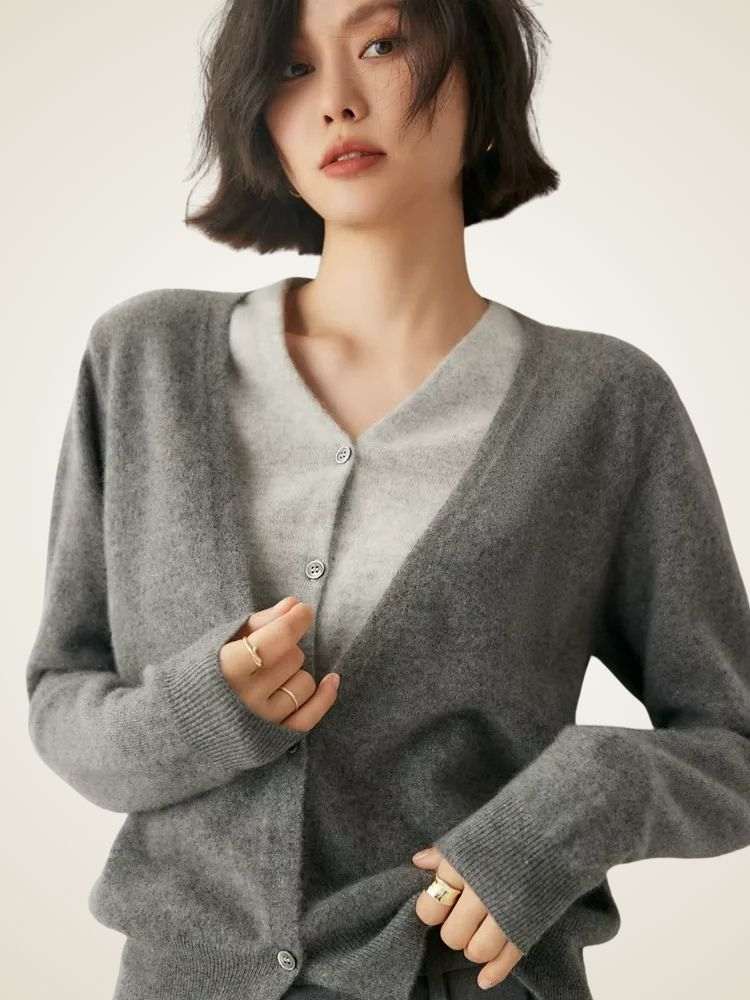 Lanlycashmere Women Faux Layered Cashmere Cardigan 