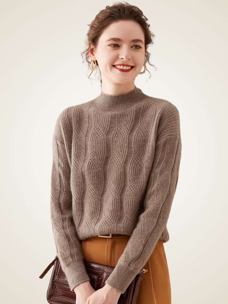 Lanlycashmere Women Mock Neck Cashmere Sweater