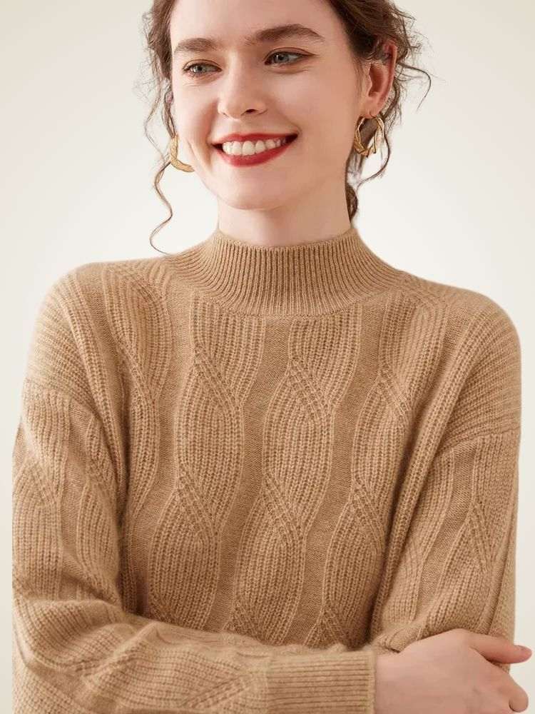 Lanlycashmere Women Mock Neck Cashmere Sweater