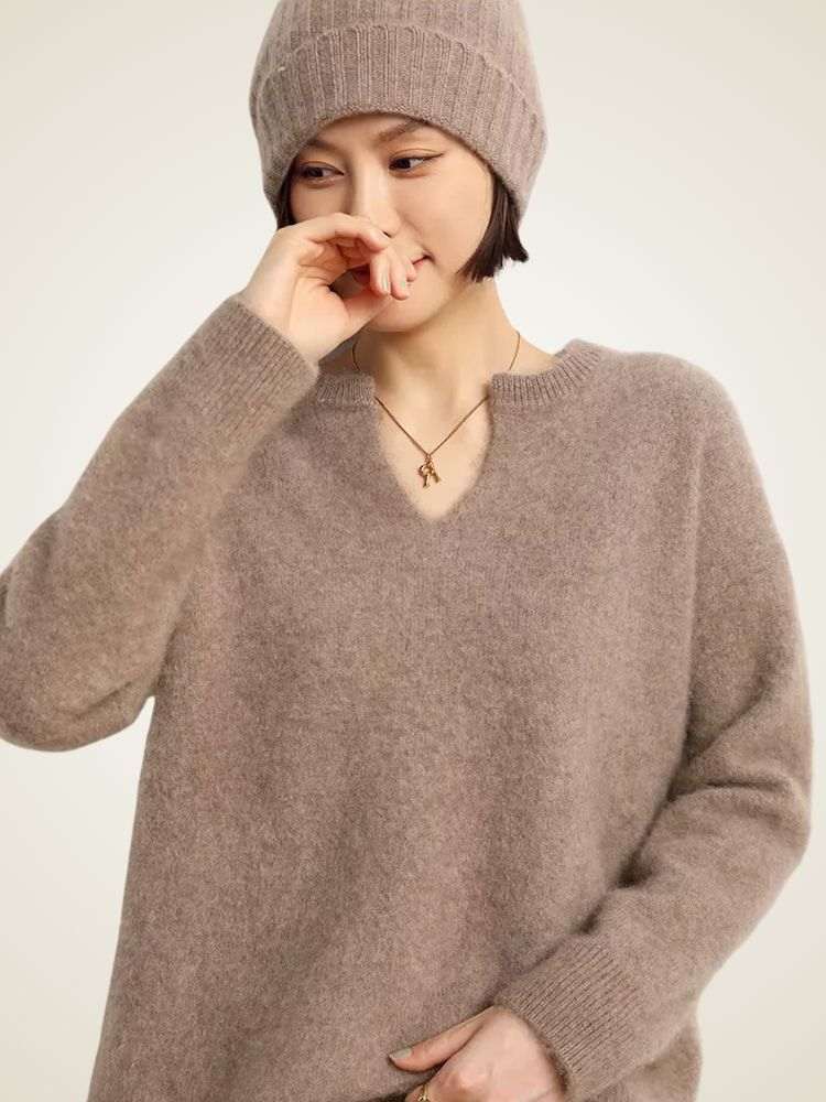 Lanlycashmere Women V-Neck Cashmere Sweater 