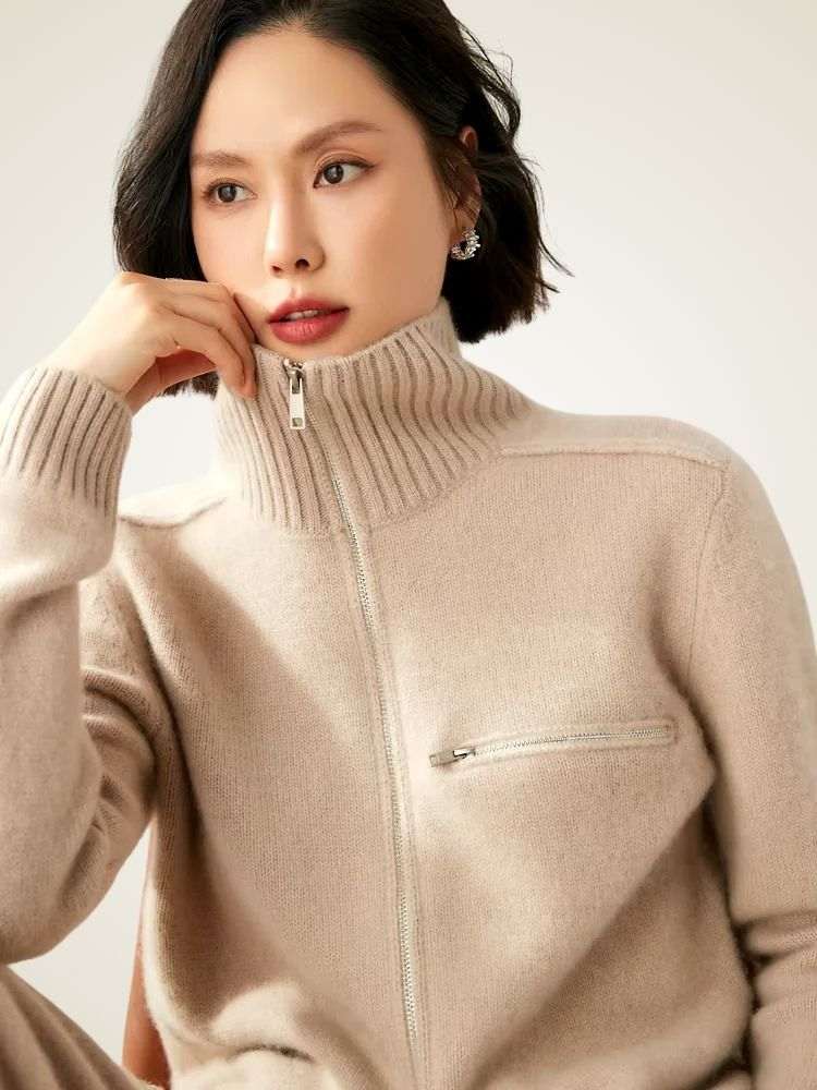 Lanlycashmere Women Zip Cashmere Cardigan