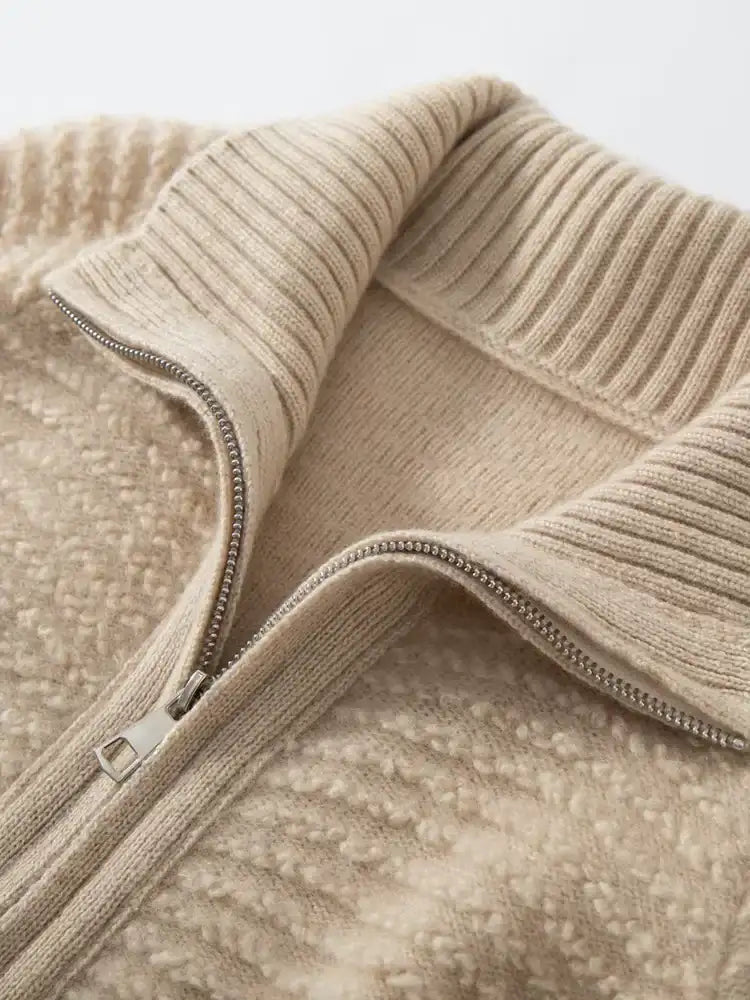 Lanlycashmere Women Zip Cashmere Cardigan – Ribbed Stand Collar Knit Sweater