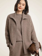 Lanlycashmere Women Zip Cashmere Cardigan – Ribbed Stand Collar Knit Sweater