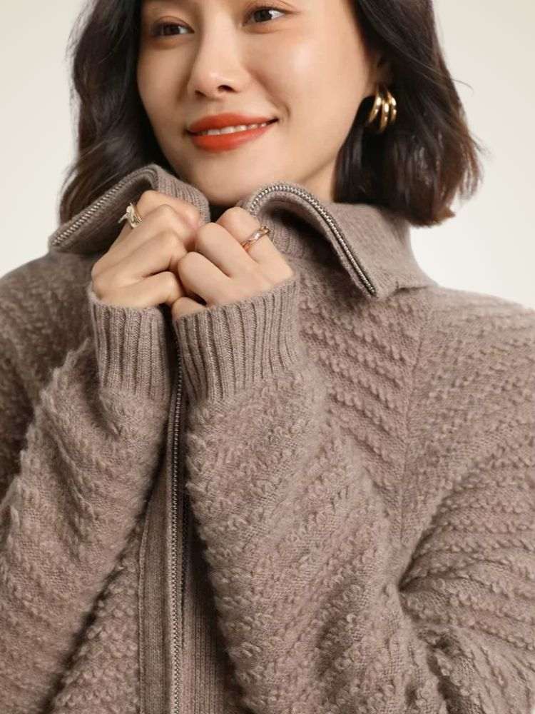 Lanlycashmere Women Zip Cashmere Cardigan – Ribbed Stand Collar Knit Sweater