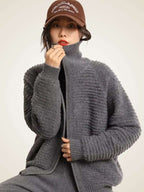 Lanlycashmere Women Zip Cashmere Cardigan – Ribbed Stand Collar Knit Sweater