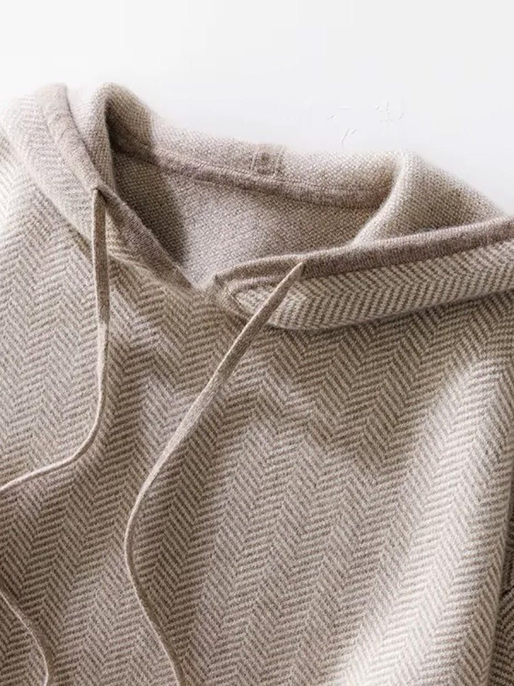 Lanlycashmere Cashmere Hoodie – Herringbone Knit Hooded Sweater