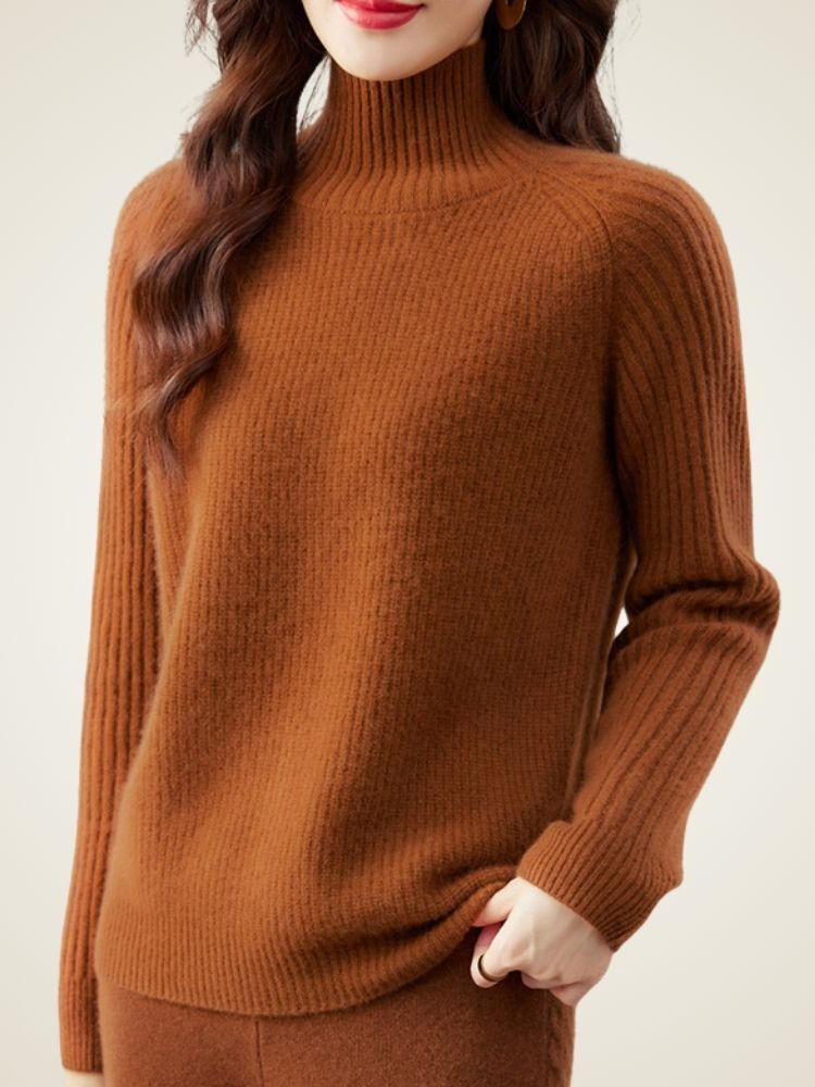 Lanlycashmere Chunky Ribbed Cashmere Sweater – Mock Neck Warm Knit Pullover