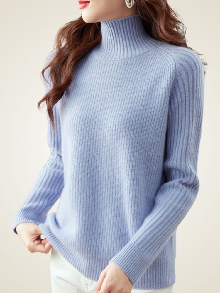 Lanlycashmere Chunky Ribbed Cashmere Sweater – Mock Neck Warm Knit Pullover