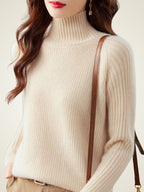 Lanlycashmere Chunky Ribbed Cashmere Sweater – Mock Neck Warm Knit Pullover