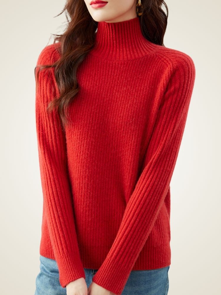 Lanlycashmere Chunky Ribbed Cashmere Sweater – Mock Neck Warm Knit Pullover