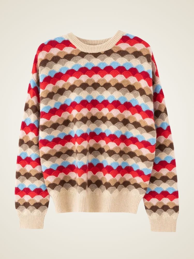 Lanlycashmere Colorblock Cashmere Sweater – Scallop Knit Crewneck