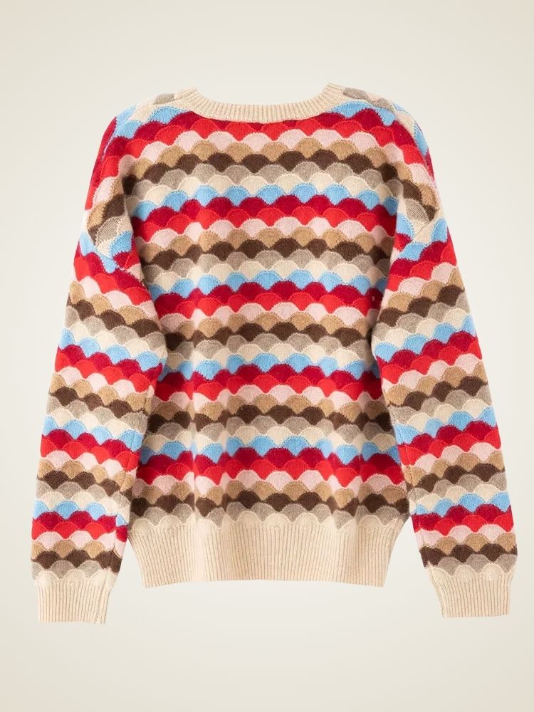 Lanlycashmere Colorblock Cashmere Sweater – Scallop Knit Crewneck