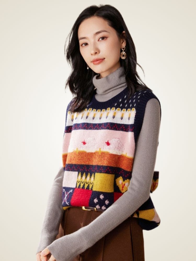 Lanlycashmere Fair Isle Cashmere Sweater Vest – Vintage Pattern Knit Top