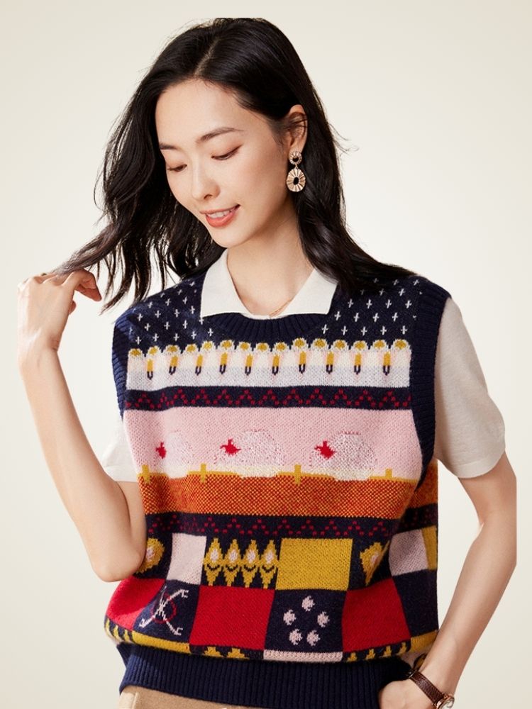 Lanlycashmere Fair Isle Cashmere Sweater Vest – Vintage Pattern Knit Top