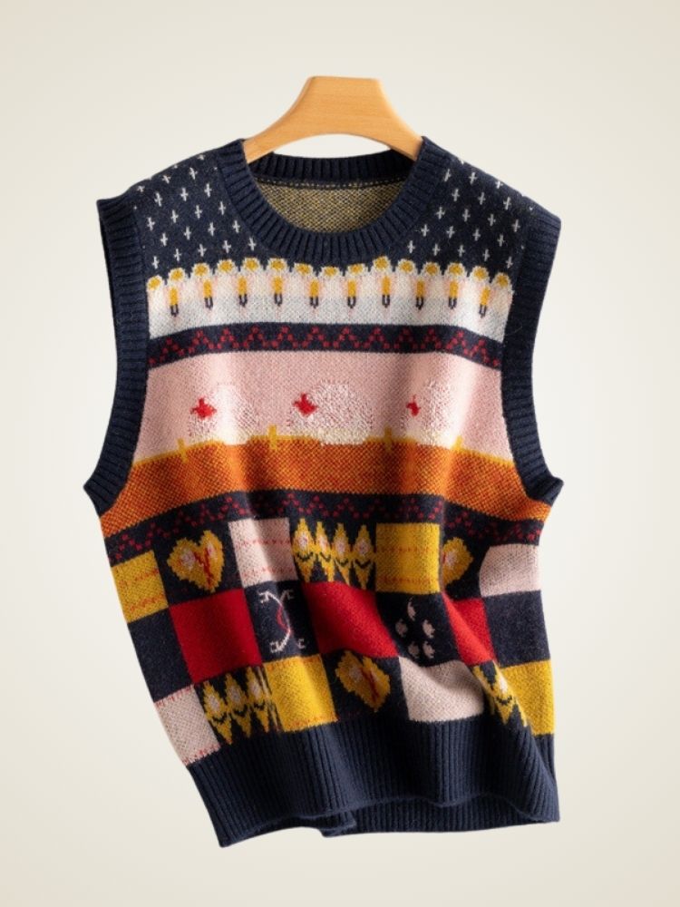 Lanlycashmere Fair Isle Cashmere Sweater Vest – Vintage Pattern Knit Top