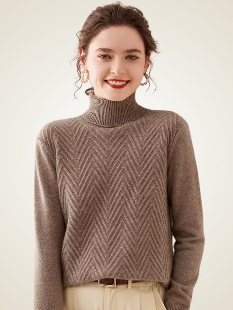 Lanlycashmere Herringbone Cashmere Turtleneck Sweater – Slim Fit Knit Top