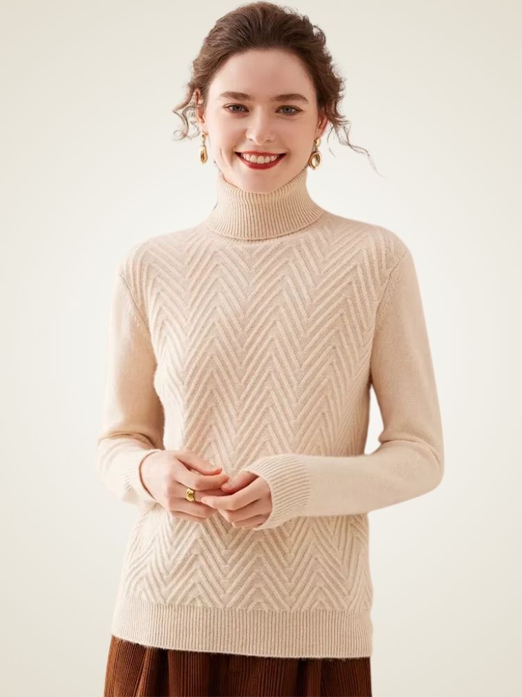 Lanlycashmere Herringbone Cashmere Turtleneck Sweater – Slim Fit Knit Top