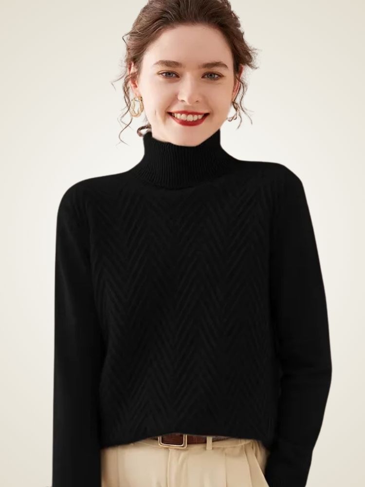 Lanlycashmere Herringbone Cashmere Turtleneck Sweater – Slim Fit Knit Top