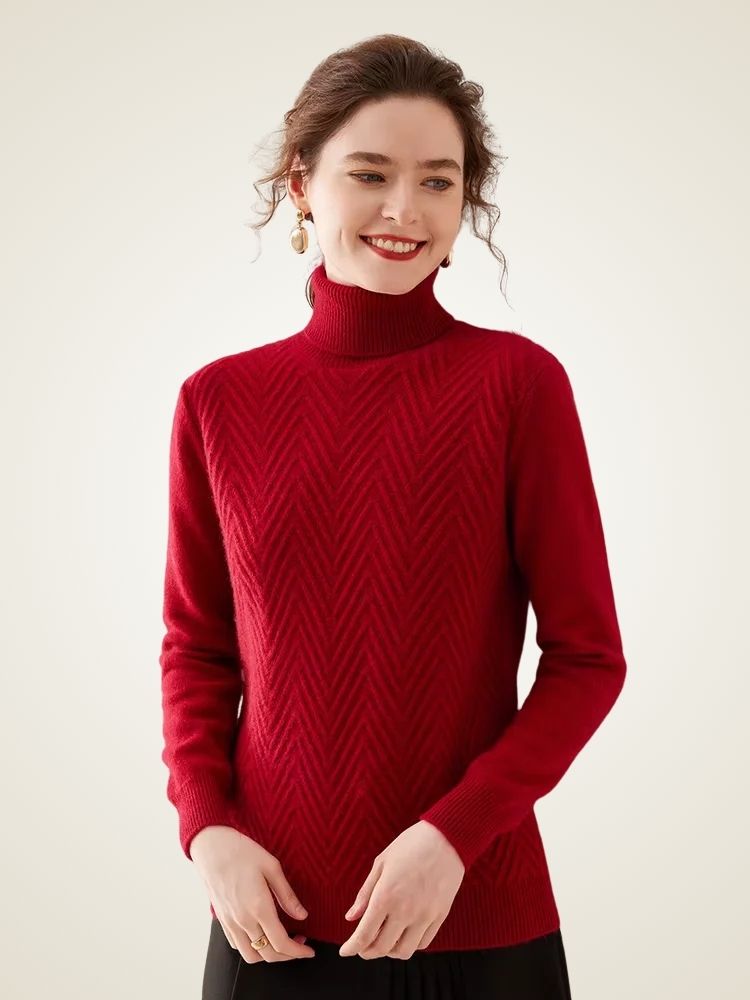 Lanlycashmere Herringbone Cashmere Turtleneck Sweater – Slim Fit Knit Top