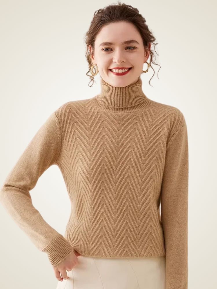Lanlycashmere Herringbone Cashmere Turtleneck Sweater – Slim Fit Knit Top