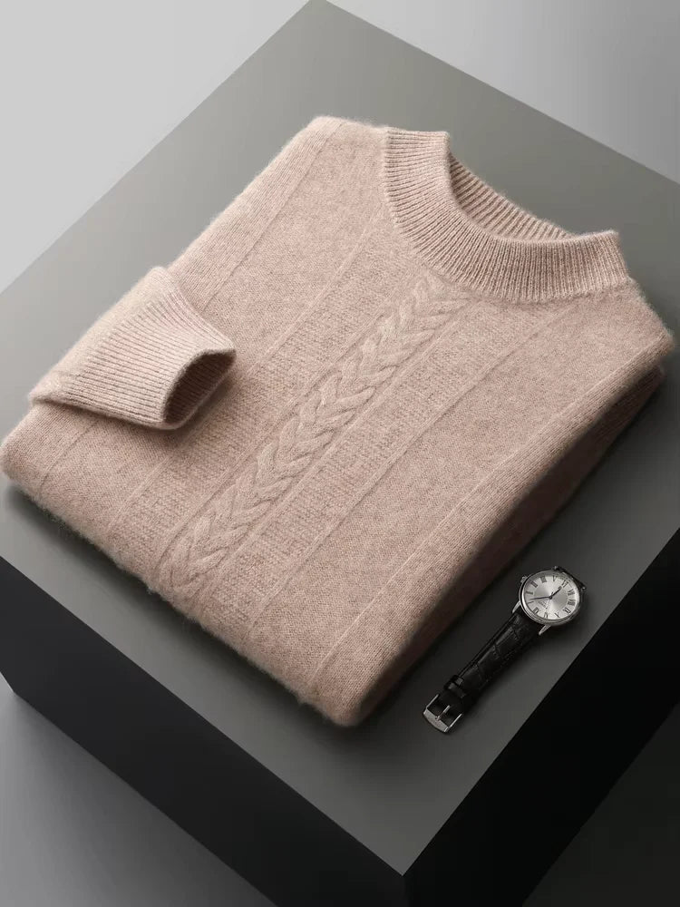 Lanlycashmere Men’s Cable Knit Crew Neck Cashmere Sweater