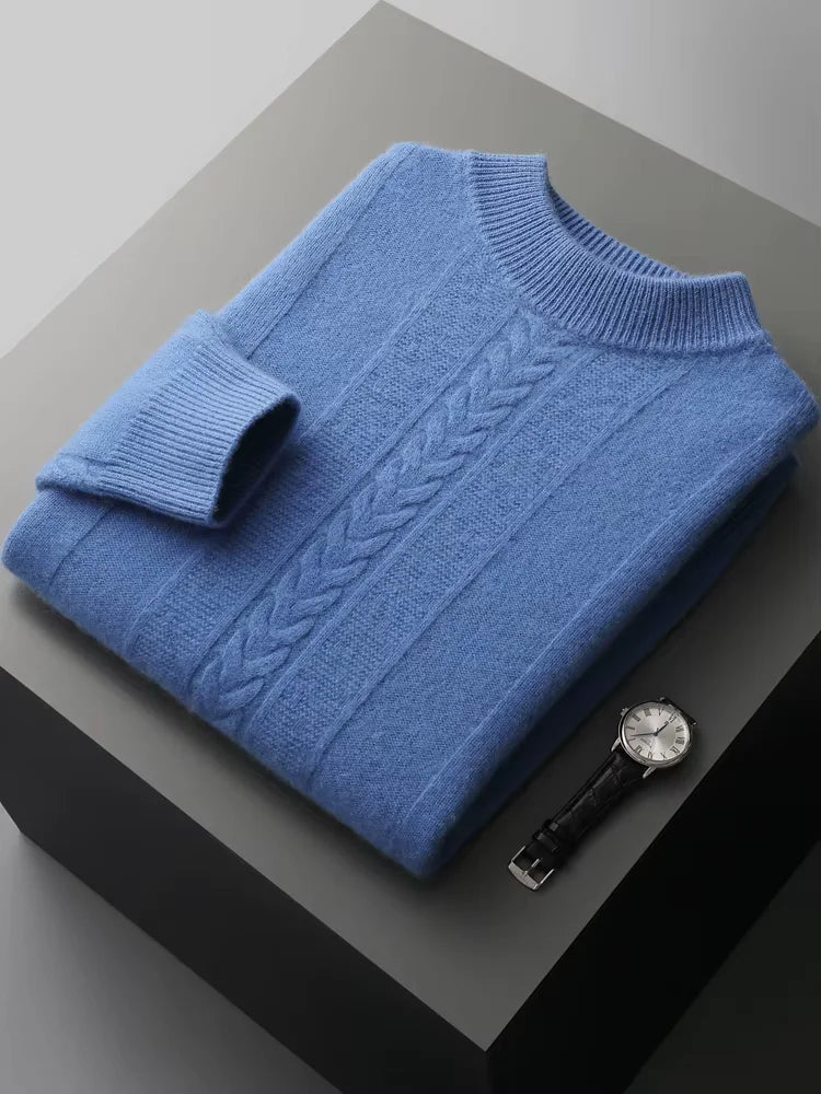 Lanlycashmere Men’s Cable Knit Crew Neck Cashmere Sweater
